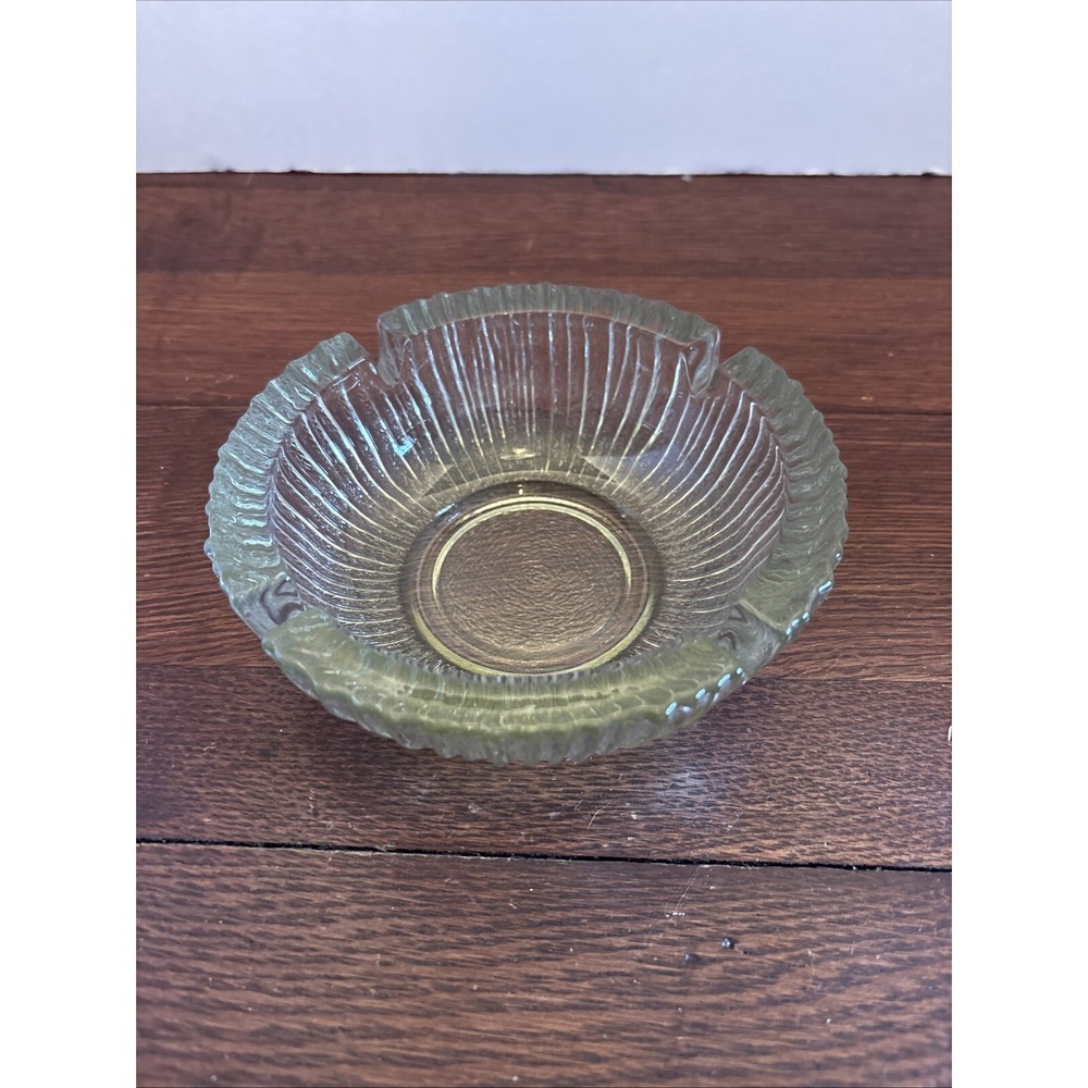BLENKO  Mid Century  Textured  Bark/Ribbed Glass Ashtray Gray Green Tint‎